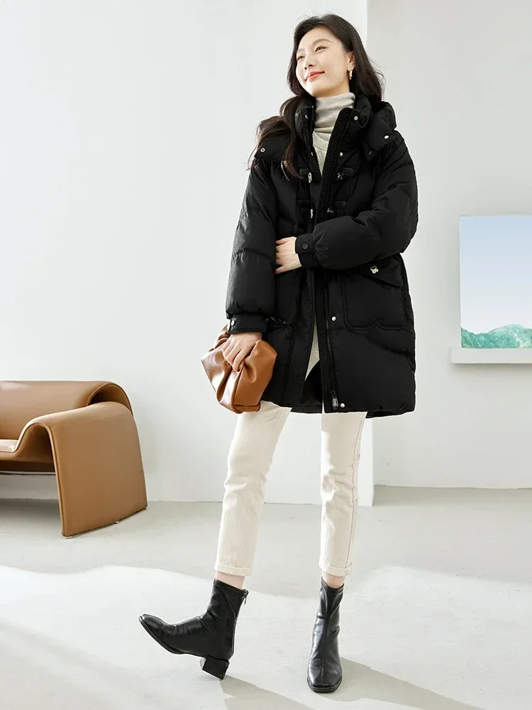 Vimly Women's Long Down Coat Puffer Jackets 2023 Winter Black Hooded Zipper Stand Collar Overcoats Female Warm Outwear 50698