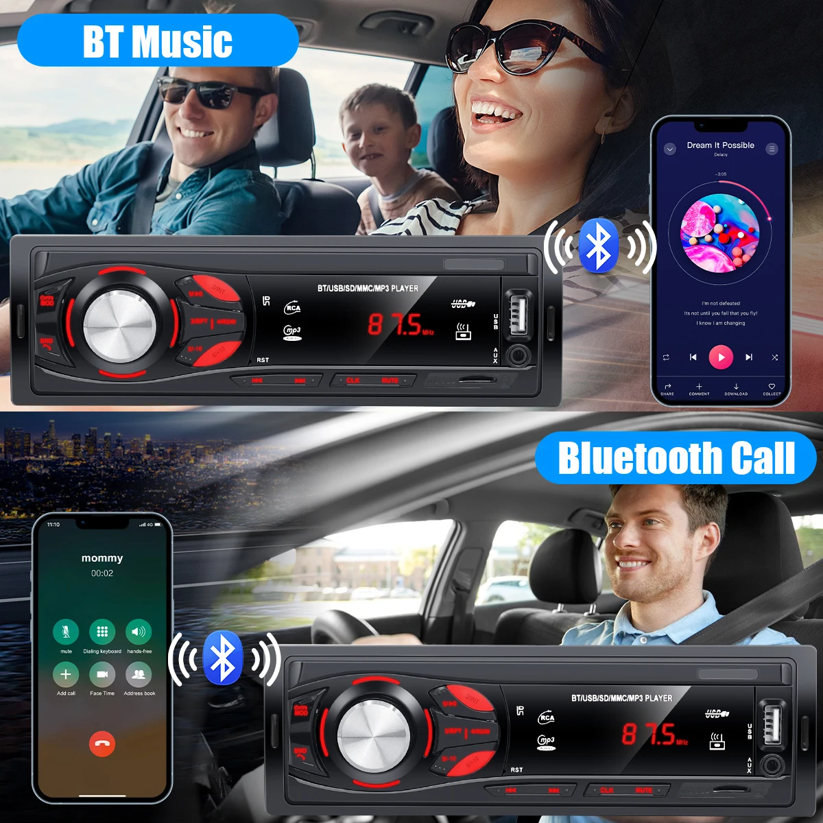 DuoDton Car Radio Audio 1 Din Bluetooth Stereo Hands-Free Calling MP3 Player FM Receiver With AUX/USB/TF Card In Dash Kit