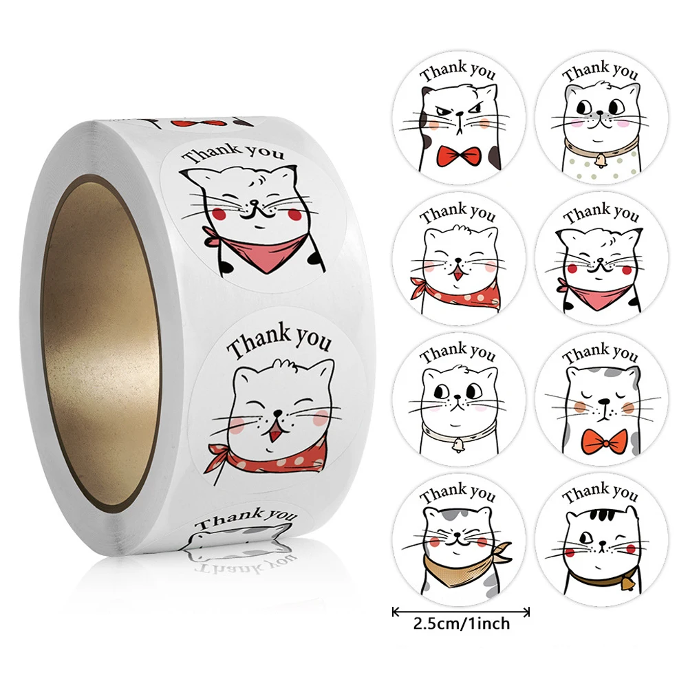 500pcs Thank You Stickers 1inch Lovely Cat Sealing Label for School Teacher Cute Animals Kids Stationery Sticker Gift Decoration 500pcs lovely cat sealing labels stickers thank you stickers for school teacher cute animals kids stationery sticker gifts decor