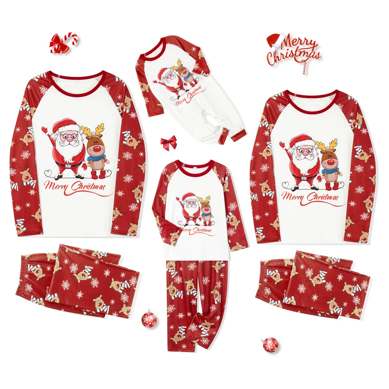 thumbnail image 1 of Conjuntos de pijamas familiares navideños a juego con estampado de alce de Papá Noel de dibujos animados, camisetas de manga larga, pantalones, ropa de estar en casa, ropa de dormir suave, aspecto nav, 1 of 4