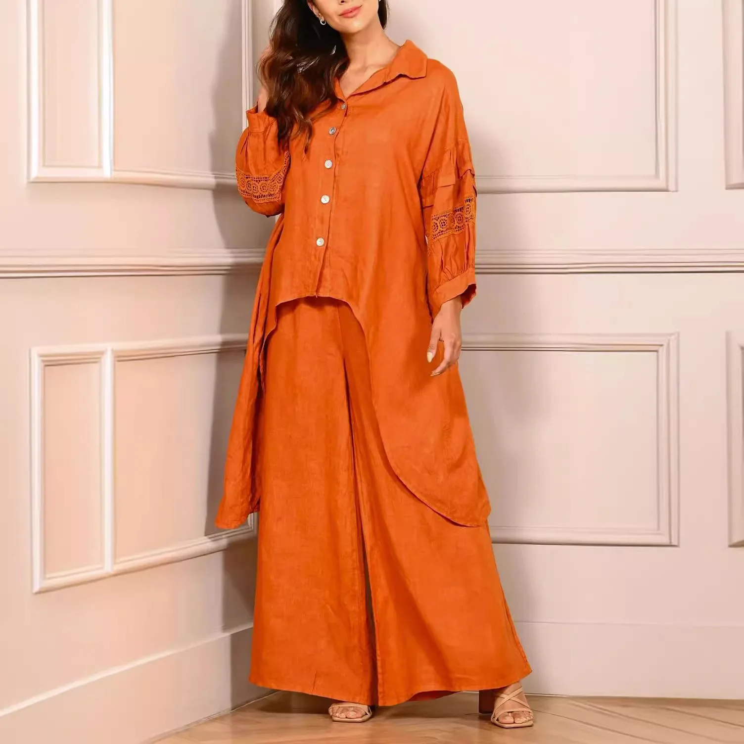 Women's solid color lace design stitching 7-point rotator cuff shirt skirt+wide-leg pants suit women suit