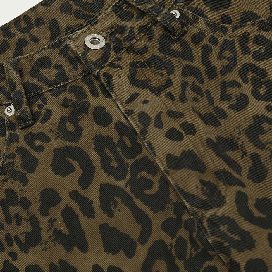 Leopard Denim Shorts Men Vintage Loose Jeans Shorts Summer Streetwear Hip Hop Leopard