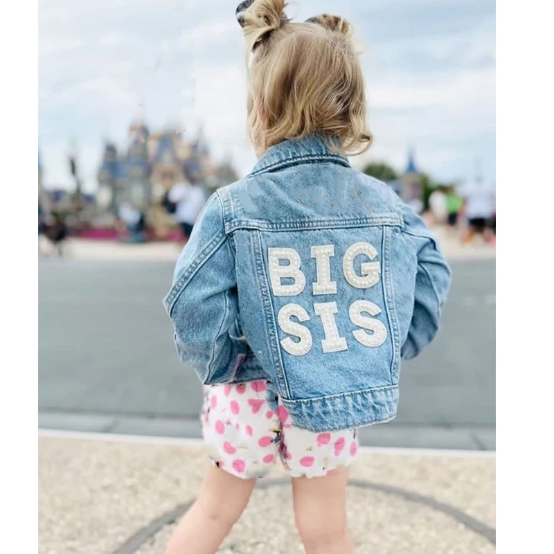 0-5Y Toddler Kids Girls Boys Sister/Brother Denim Jacket Long Sleeve Back Letter Embroidery Single Breasted Coats baby jacket