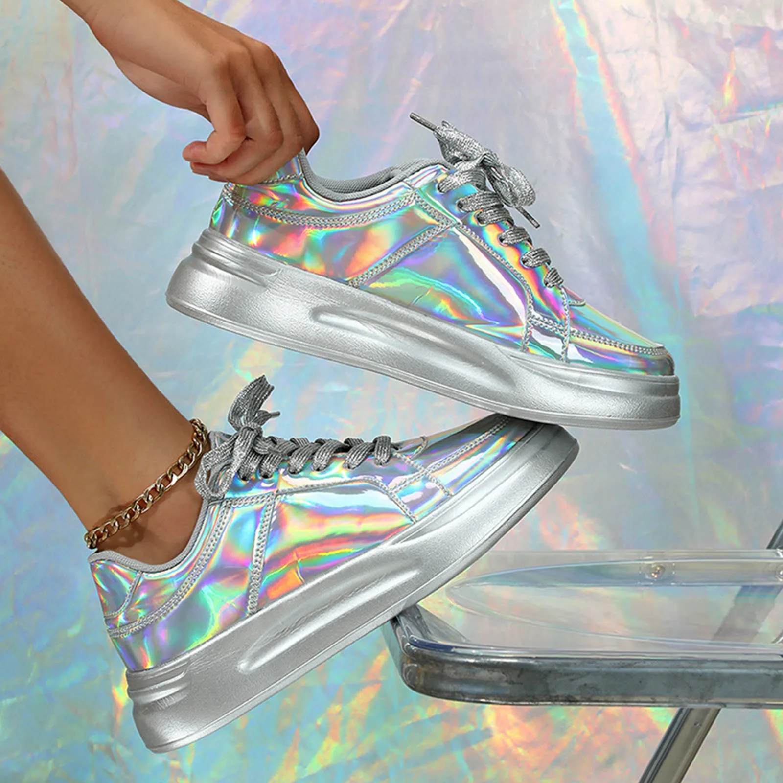 

Женские Блестящие Кроссовки, повседневная спортивная обувь на толстой подошве, плоская подошва, для ходьбы, большие размеры