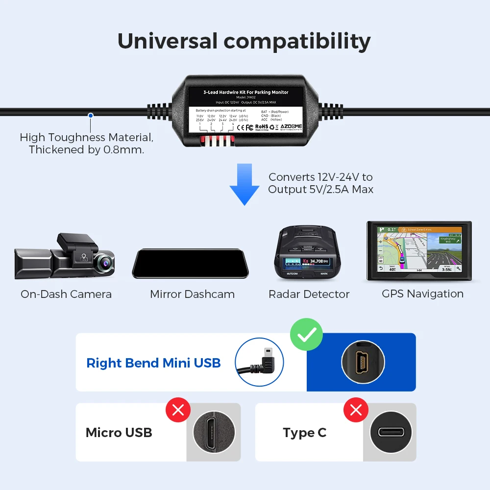 AZDOME JYX02 Car DVR Record Hardwire Kit For M550 M550 Pro GS63H PG17 M17 Low Vol Protection Mini USB Port 12V-24V in 5V2.5A out