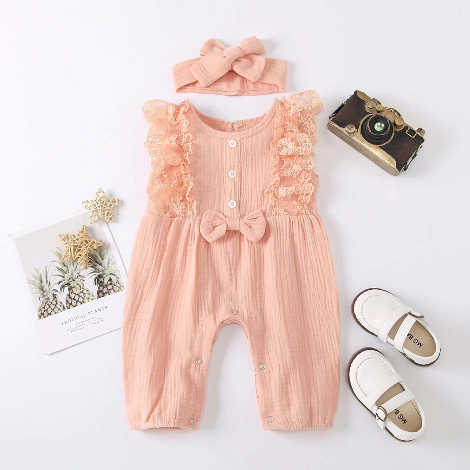 

Autumn 0-24Month Newborn Girls New Romper Cute Bow Warm Cotton Button Sleeveless Baby Jumpsuit Pajamas+Butterfly Tie Hair Band