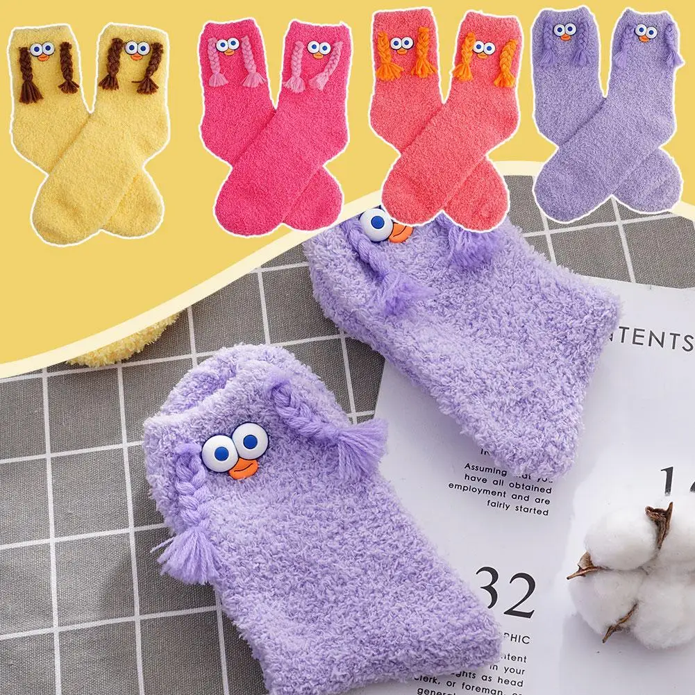 

1pair Plush Socks Cute Big Eyed Cartoon Autumn Winter Socks Fuzzy Crew Socks Thickened Warm Mid-calf Socks Girls Sox