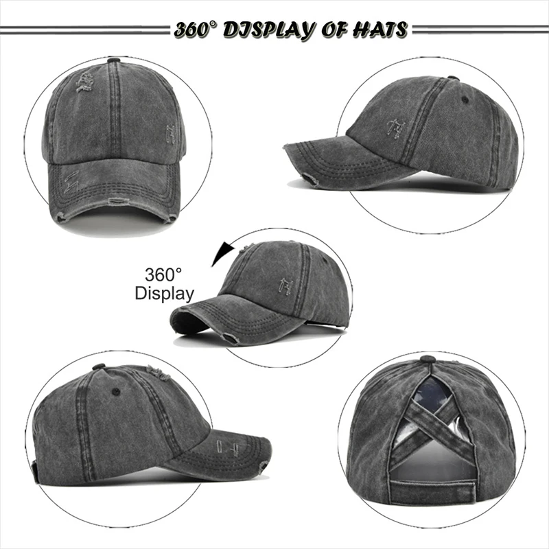 VARWANEO Unisex Baseball Caps Ripped Peaked Cap Adjustable Sport Caps Women Cross Ponytail Cotton Mesh Sun Hat 