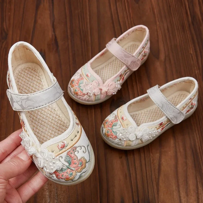 Kids Hanfu Shoes Sweet Embroidery Flower Girl Princess Shoes Fashion Chinese Ancient Style Children's Causal Flat Cloth Shoes 2