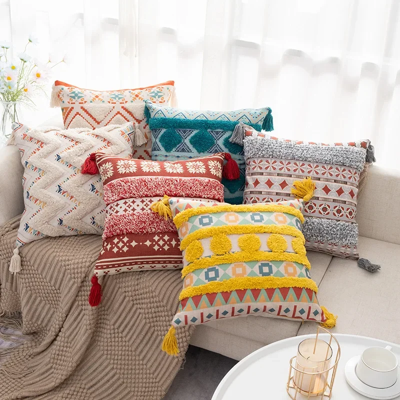 

1pcs 45x45cm Tassel Cotton Linen Pillowslip 3D Plush Embroidered Decorative Pillowcase Geometric Pattern Home Sofa Cushion Cover