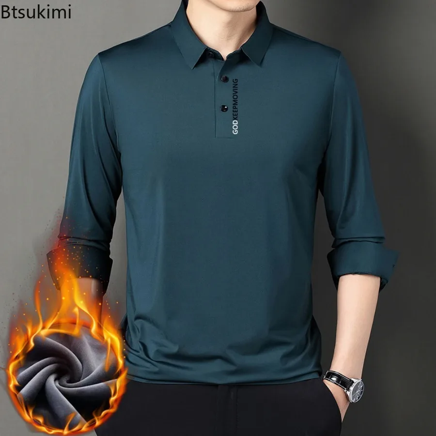 

2024 Men's Casual Thick Warm Polo Shirts Solid Formal Business Fleece Warm T-shirt Fashion Soft Lapel Loose Tops Men's Shirts