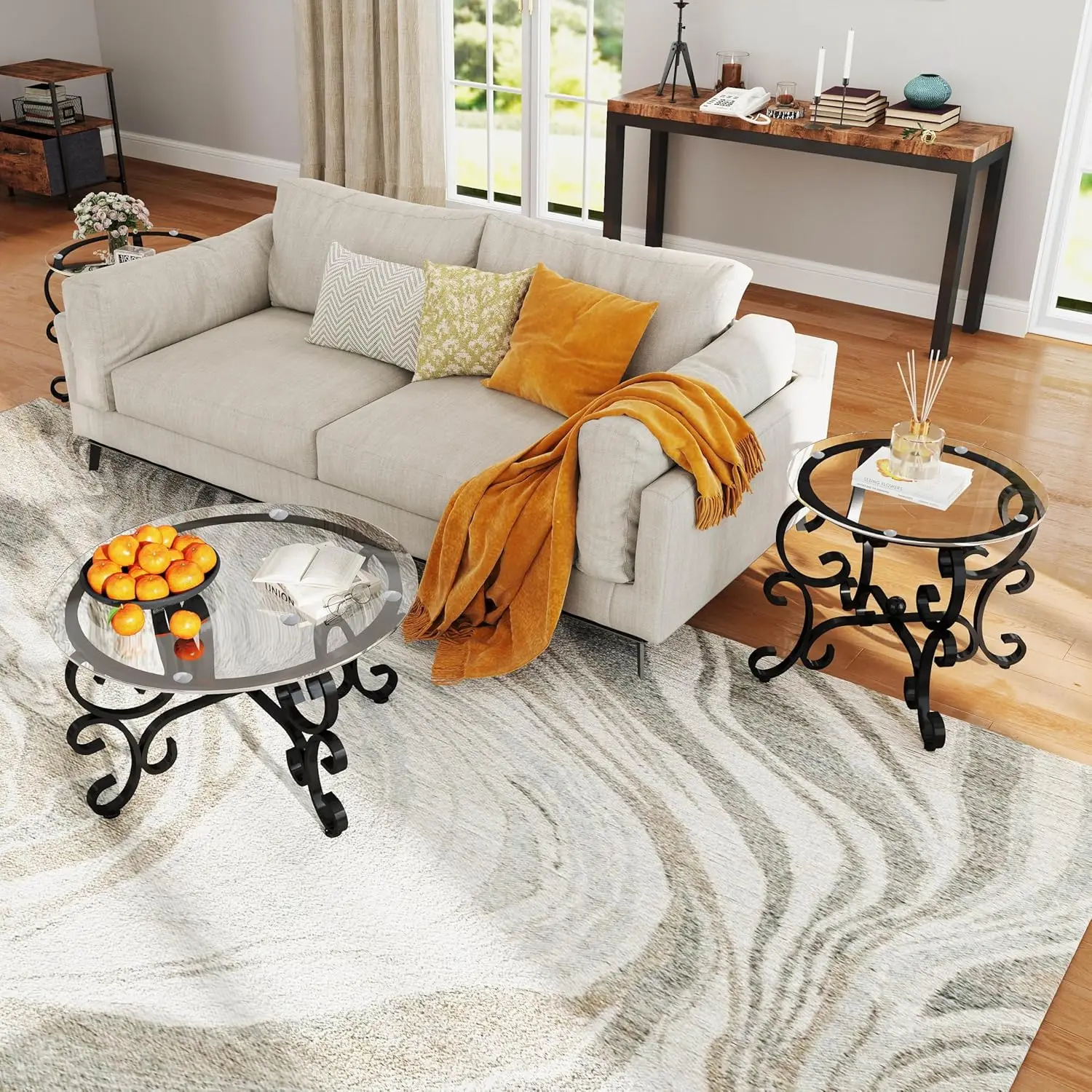 Lift Top Coffee Table with Hidden Storage Compartment Shelves and 2 Fabric Baskets, Retro Central Table with Wooden Lift-Up Tabl 4