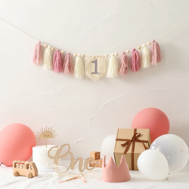 Baby alles Gute zum Geburtstag Banner handgemachte Quaste Anhänger erste Junge Mädchen Holz Hochstuhl Girlande Kit Kind rosa Party Hut Set für Geschenke – Detail 16