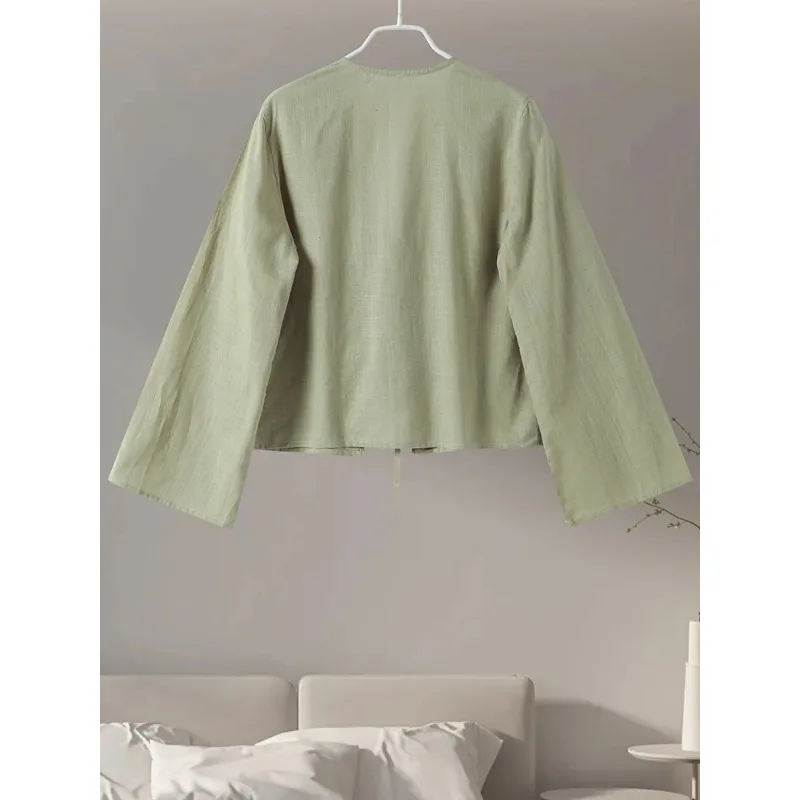 Cotton Line Tops Women Lace Up V-neck Loose Solid Shirts Female 2024 Summer New Long Sleeves Fashion Casual Soft Shirt Lady