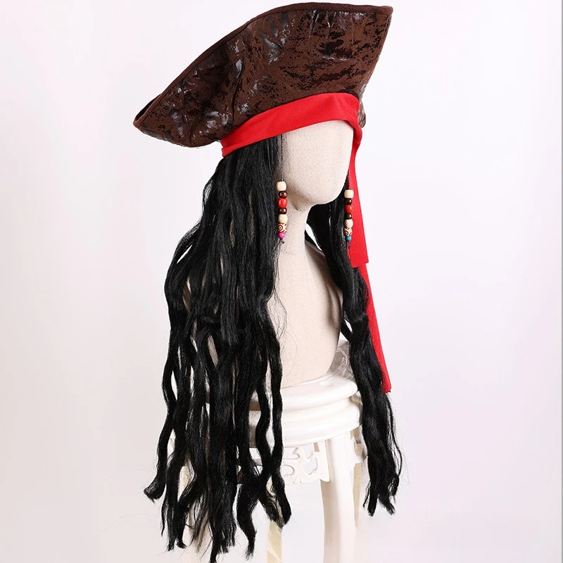 Caribbean Pirate Hat Wig Cosplay Captain Pirates Curly Hair Clothing Accessories Role Play Props Sparrow Wigs Men Halloween