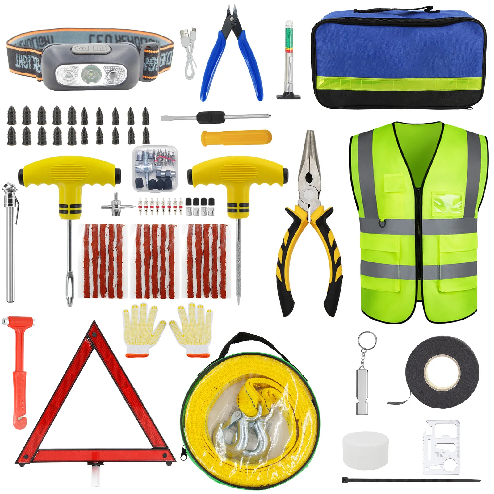  Kit de emergencia para automóvil de asistencia en carretera, kit  de primeros auxilios, cables de arranque, correa de remolque, luz de flash  LED, capa de lluvia, medidor de presión de neumáticos, 