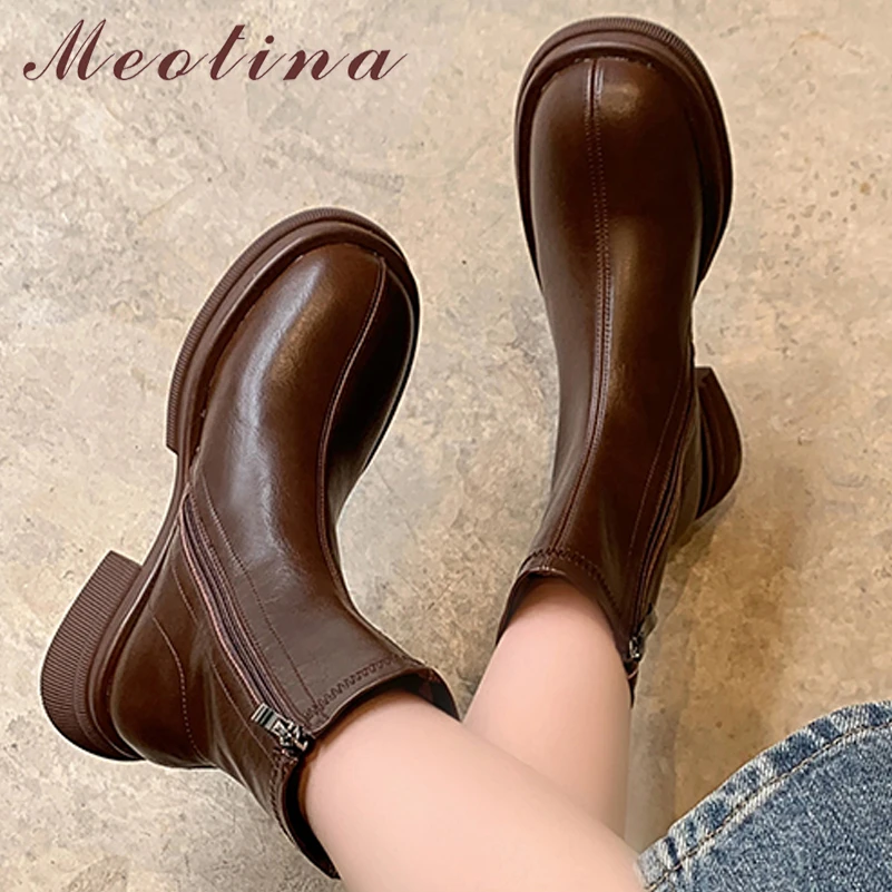 

Meotina Women Genuine Leather Ankle Boots Round Toe Chunky High Heel Fashion Zipper Boot Ladies Shoes Autumn Winter Brown 42