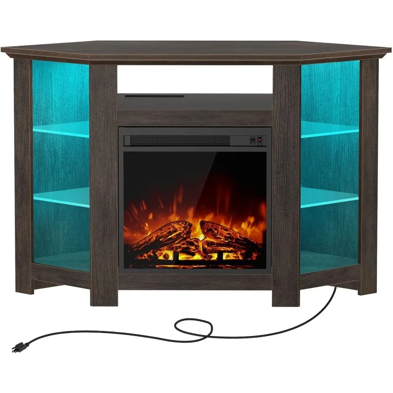 

Fireplace Corner TV Stand for 43" 50" 55", 47Inch TVStand with Power Outlets andLED Lights,Modern TVConsole,Entertainment Center
