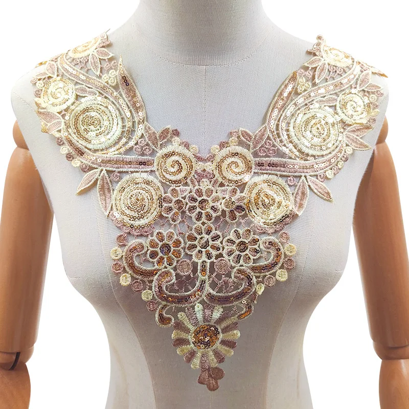 

NEW champagne sequin DIY flower Embroidered Lace Neckline Collar Guipure Applique Trim Sewing wedding Womens dresses supply