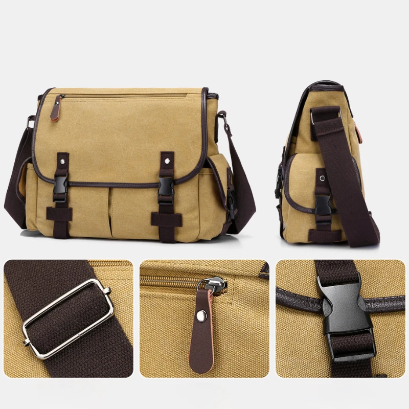 Retro style canvas crossbody bag, large capacity shoulder bag, multi pocket mailman bag, briefcase