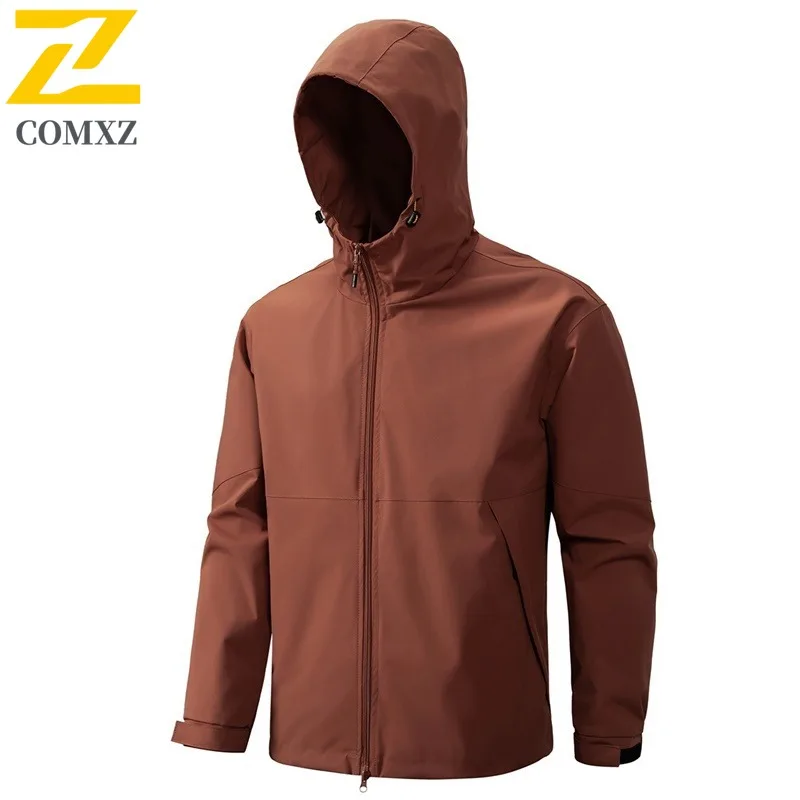COMXZ Outdoor Hooded Jacket 2025 Men Simple Hiking Travel Motorcycle Coat Daily Style Windproof Durable Autumn Zipper Clothing