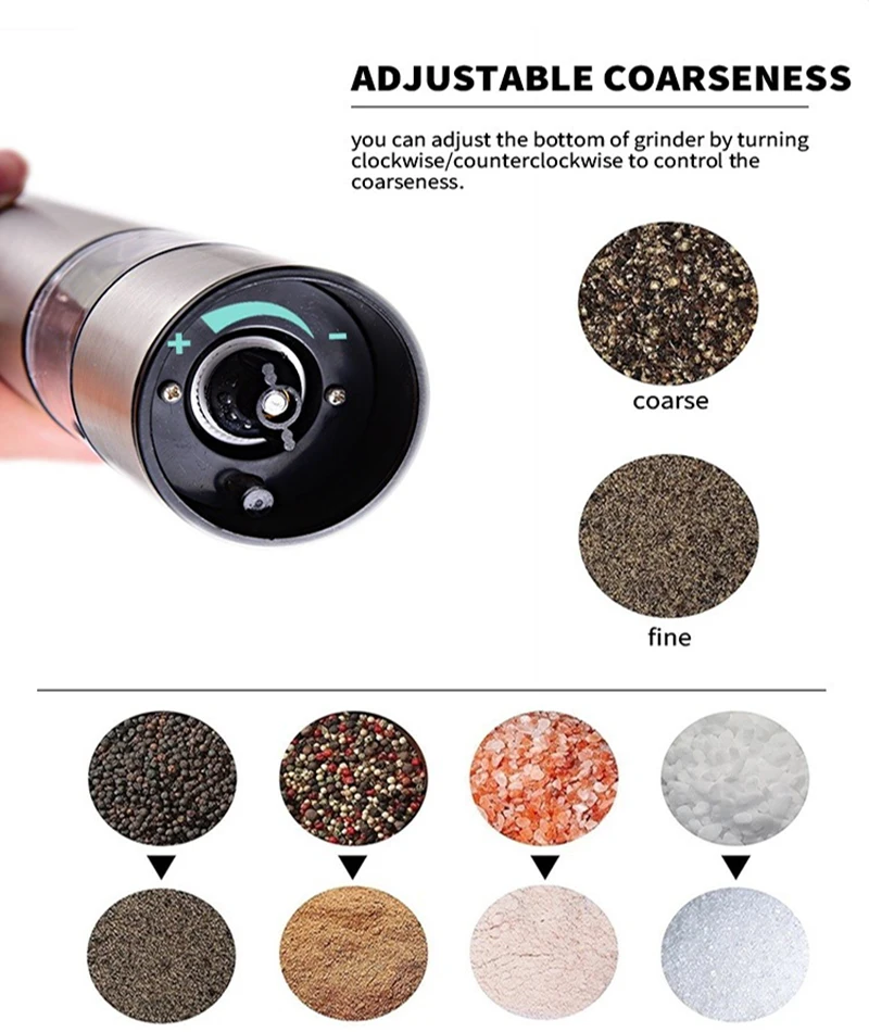 Stainless steel electric salt mill, automatic gravity grinder, vanilla and spice grinder, adjustable size, salt and pepper set