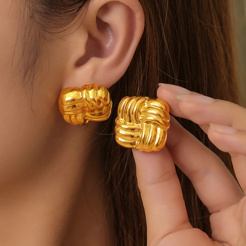Vintage quadratischer Strickstil, beliebte Ohrringe für Damen, Edelstahl, modischer Ohrstecker, Schmuck im Großhandel
