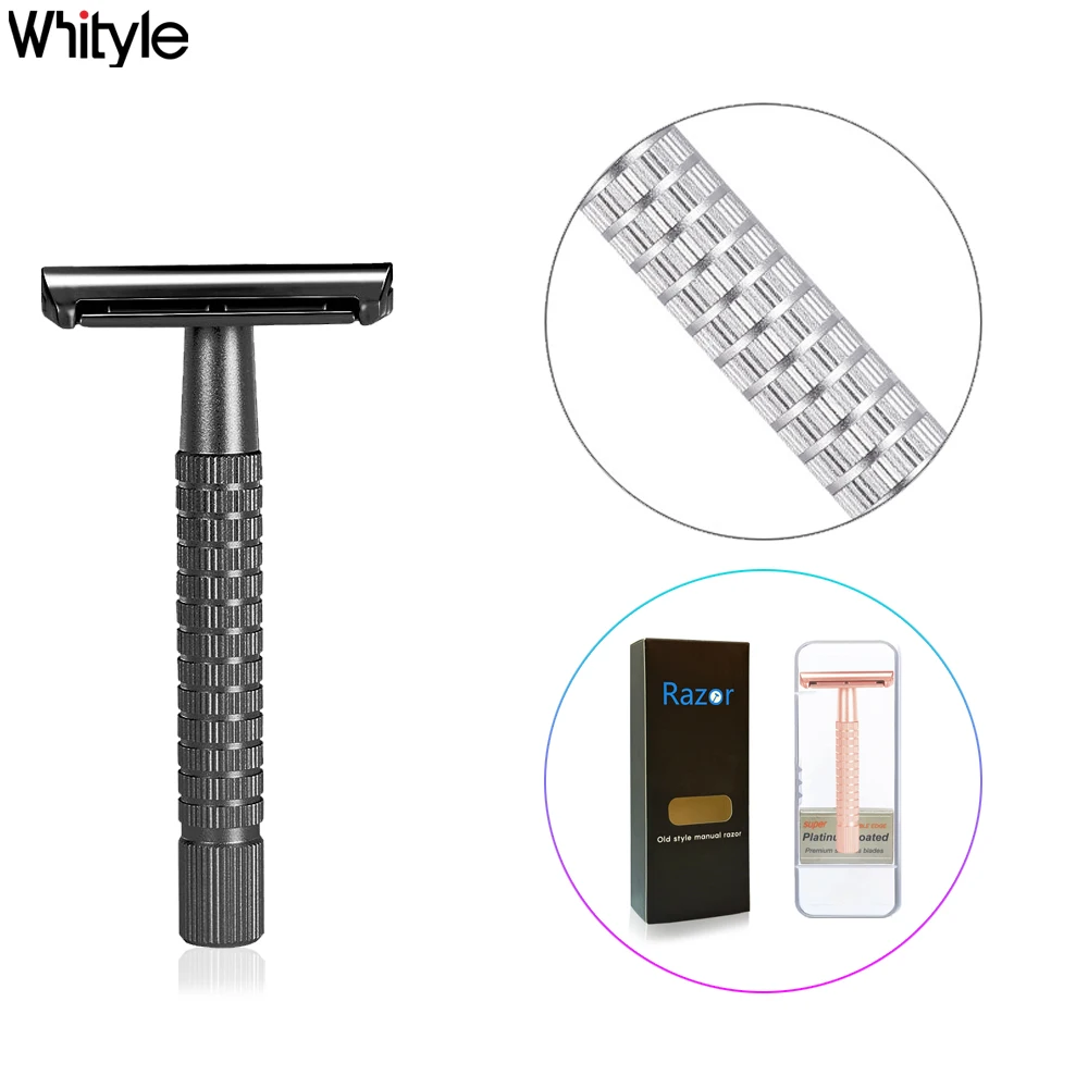 Whityle 05T 짧은 핸들 알루미늄 합금 클래식 안전 면도기 5 개의 슈퍼 블레이드가있는 남성용 양날 블레이드 면도기