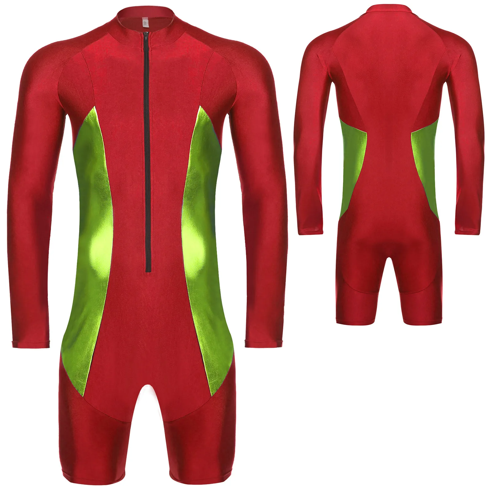 Mens Shorty Wetsuit Swimsuit Long Sleeve Color Block Front Zipper Bodysuit Swimwear Diving Snorkeling Surfing Swimming Suit