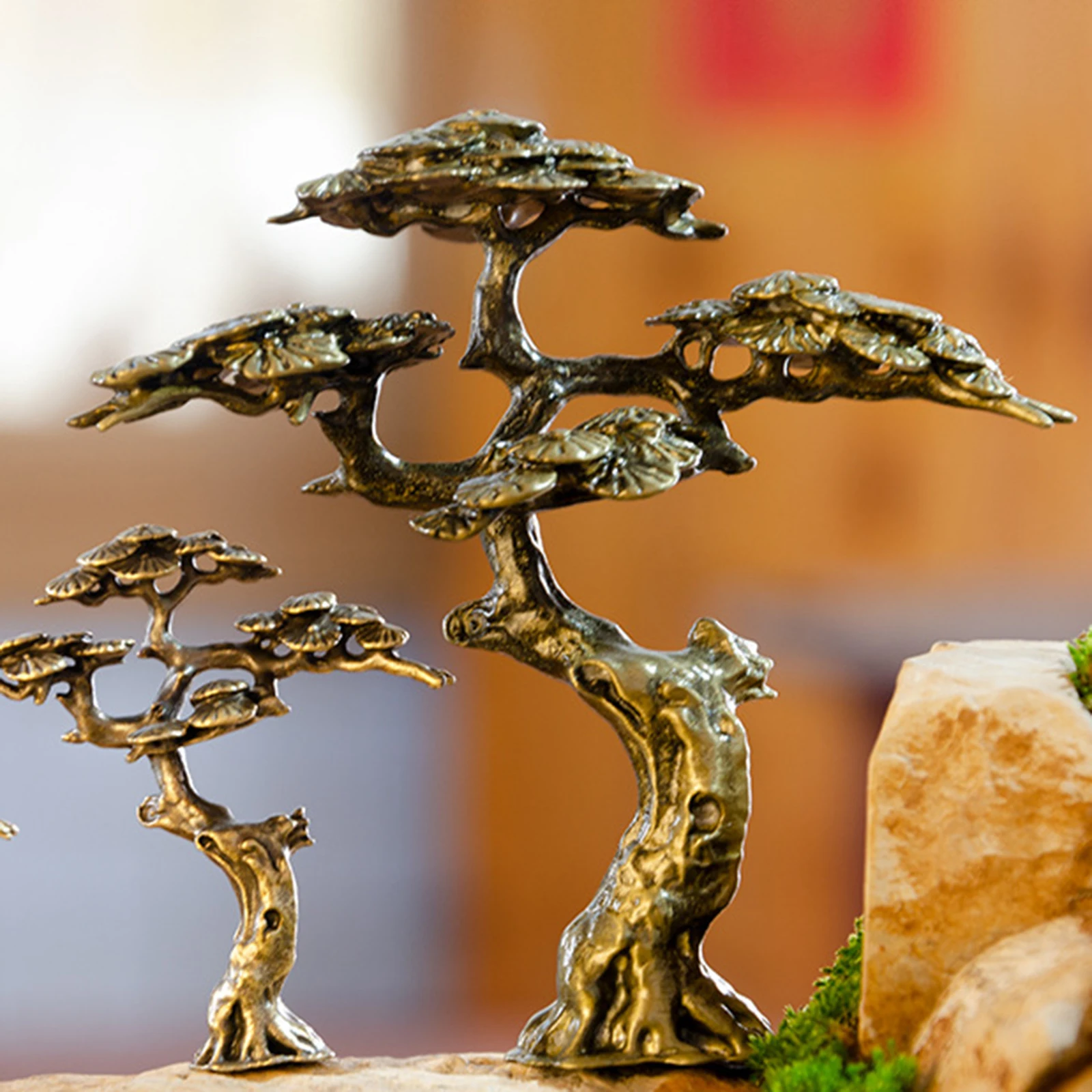 Mini Welcome Pine Miniature Figurine Copper Small Faux Tree Decor for Bonsai Tree Statues Miniature Landscape Decorations