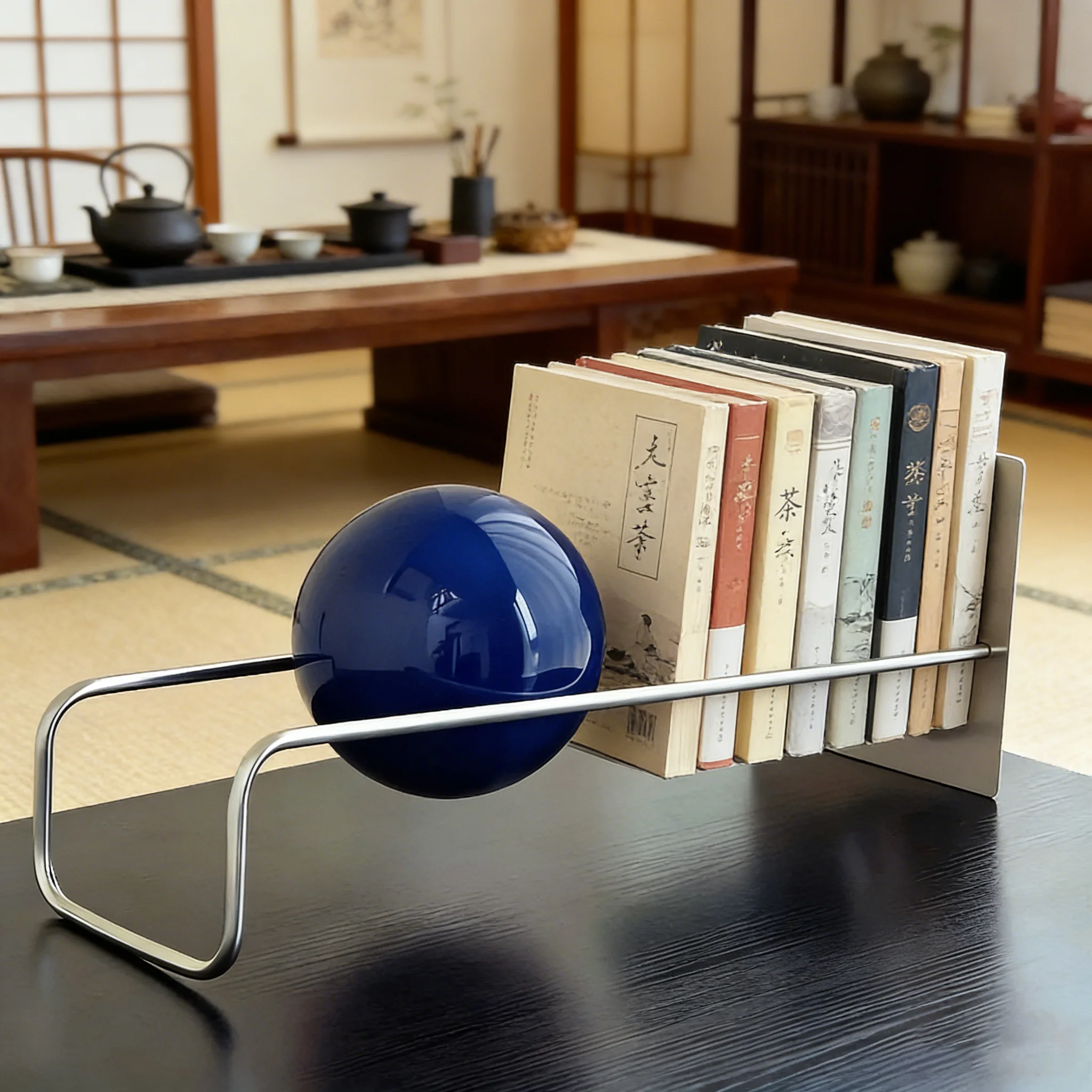 Modern Book Holder Stand with Gravity Ball Design, Mid-Century Bauhaus Desktop Organizer, Magazine Newspaper Rack