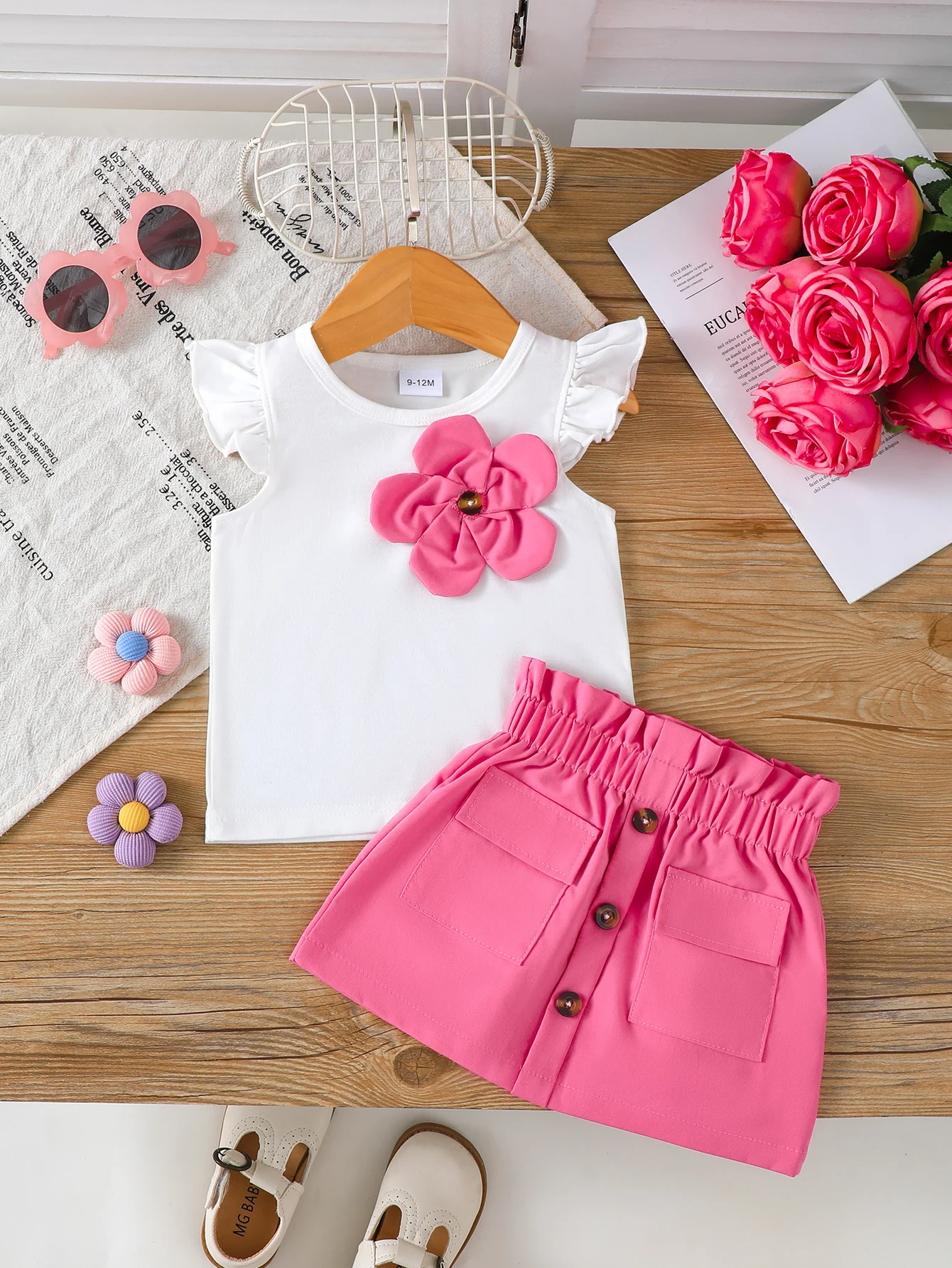 Fashion Baby Girl 3D Flower Outfit Set Ruffle Sleeve Top + Elastic Waist Pink Skirt Summer Casual Wear Clothes for 0-3Y Newborn 1