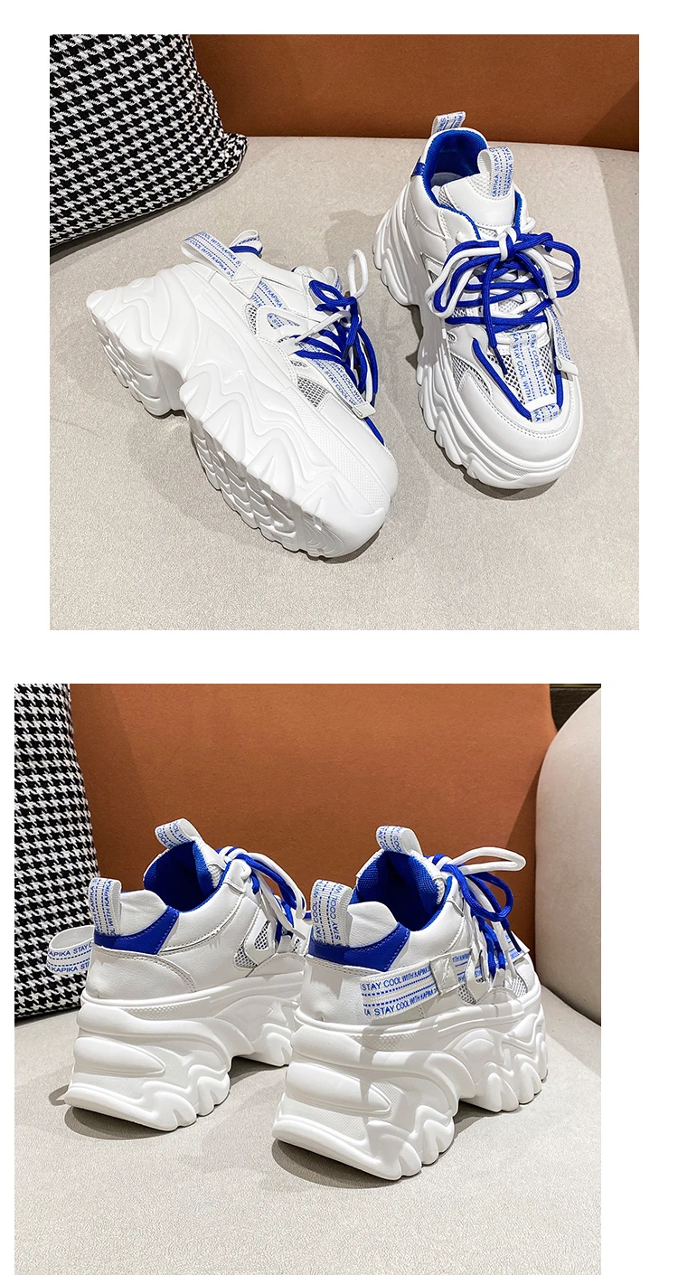 New Women Lace-up Chunky Sneakers Designer White Dad Shoes High Platform Ulzzang Mesh Shoes Summer Breathable Casual Sport Shoes