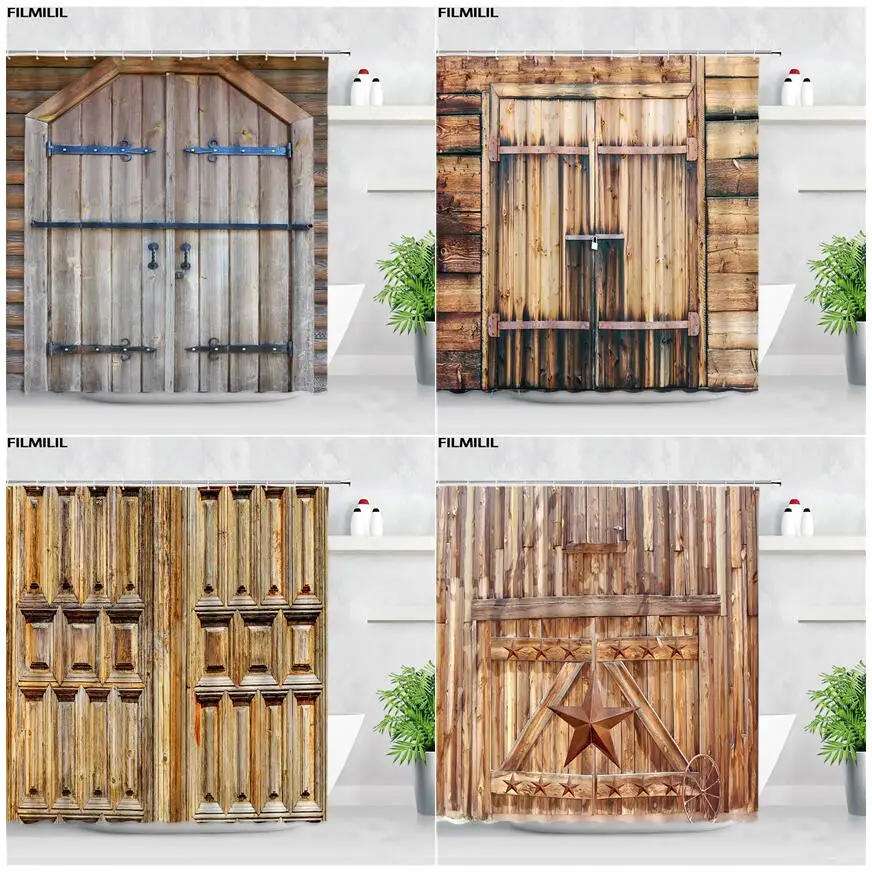 

Винтажная занавеска для душа с изображением старых деревянных дверей, s, ретро, ферма, техасская звезда, тканевая занавеска для ванной комнаты, Набор декоративных занавесок с крючками, коричневого цвета