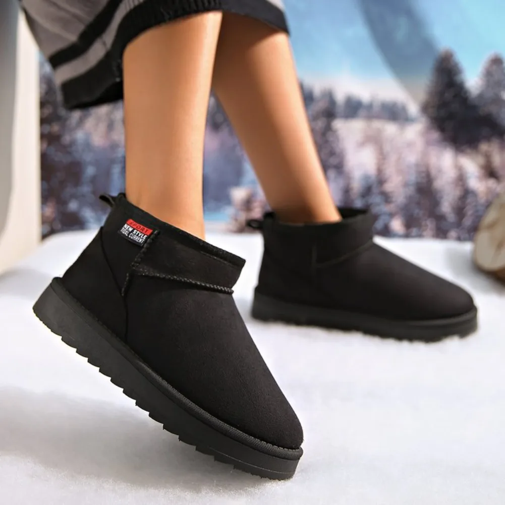 Women's Solid Color Thick Plush Snow Boots Comfortable Warm Flat Ankle Boots Woman Winter Casual Slip On Cotton Shoes Plus Size