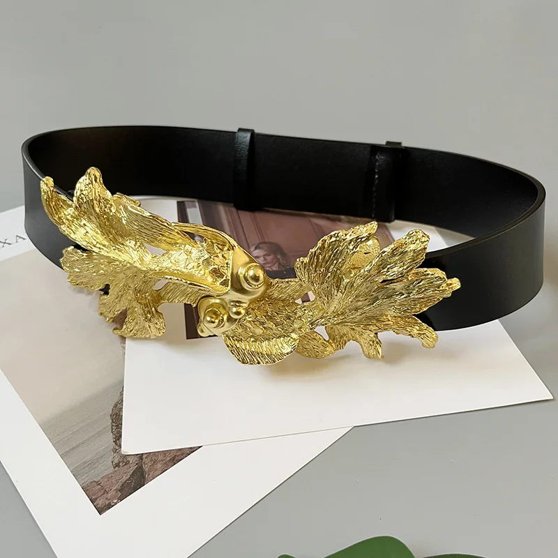 Golden Waist Belts Fashion Women\'s Metal Wide Waistband Luxury Brand Designer Ladies Genuine leather Elastic For Dress Belt