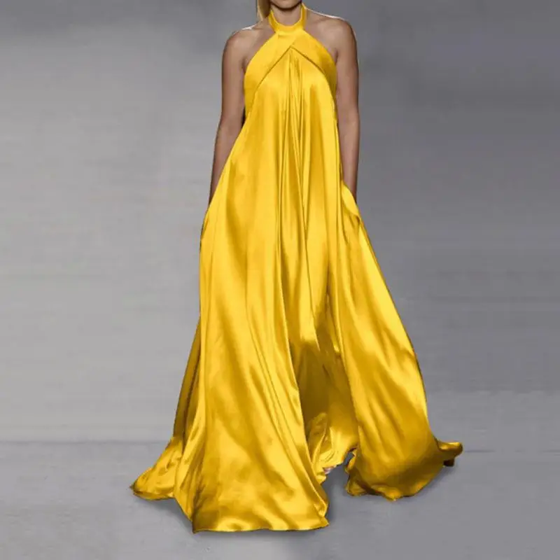 Women Dress Temperament Color Big Pendulum Sleeveless Hanging Neck Hollow Loose Fashion Solid Color Long Summer Banquet Dress