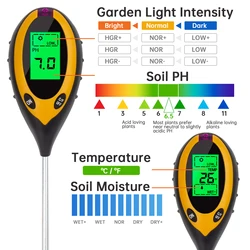 NOYAFA  4in1 Soil PH Meter Plant Earth Moisture Light Thermometer Temperature Humidity Sunlight Intensity Measurement Analysis