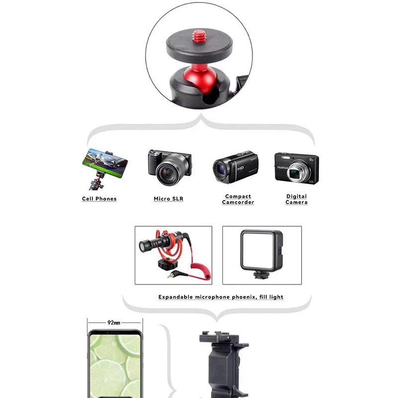 MT-08 Foldable Tripod for Phone Cold Shoe Ball Head 1/4'' Selfie Stick Mini Holder Bracket for Mobile Camera DSLR, Action Camera