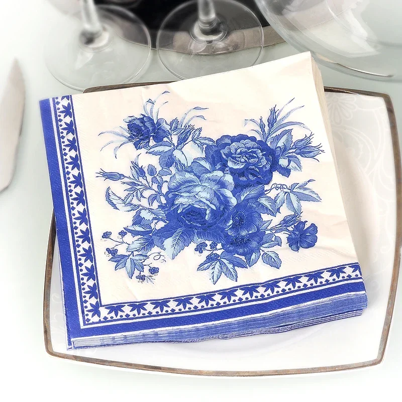 10/20pcs/Pac Blue Classic Gardenia Colourful Printed Napkin Wedding Facial Napkin Placemat Wine Glass Flower Arrangement Paper