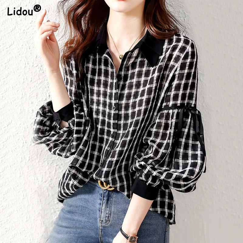 Spring Summer Turn-down Collar Plaid Simple Women's Clothing Single Breasted Vintage Slim Button Blended Thin Women Sven Shirt