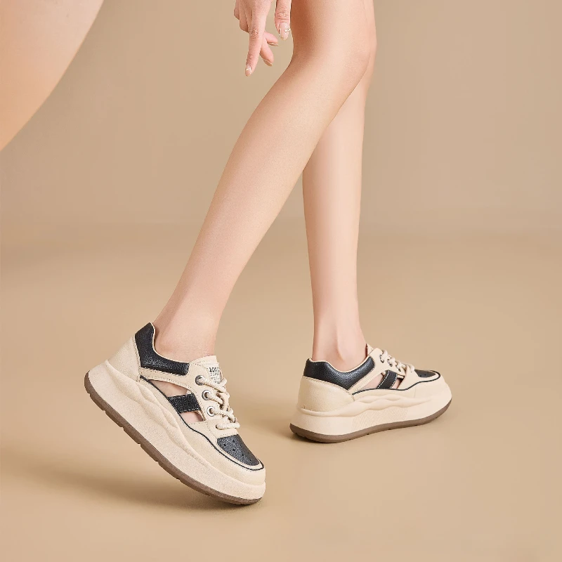 CICIYANG Genuine Leather Women's Platform Sports Sandals 2025  Summer New Fashion Lace-up Hollow Sneakers for Female 6
