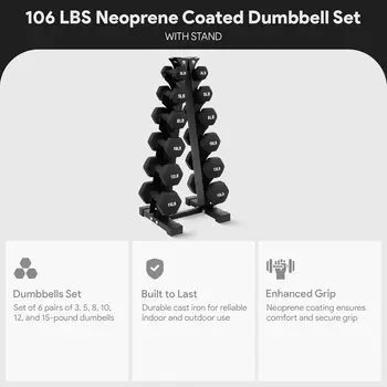 Dumbbell Set with Stand, Neoprene Coated Hand Weights Home Gym Equipment, X-Elite Set: 106-Pound (6 Pairs) 6