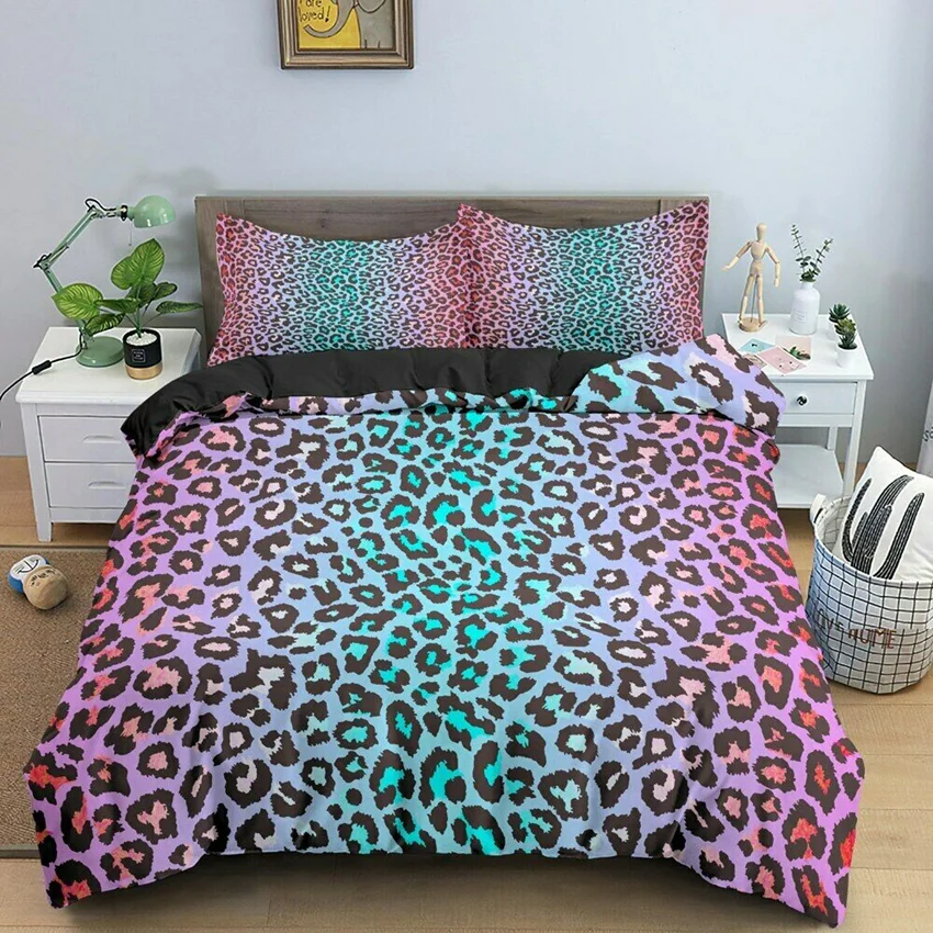 Women Rainbow Cheetah Printed Bedding Set Twin Colorful Leopard Printed Duvet Cover Set Psychedelic King Quilt Cover Decorative 