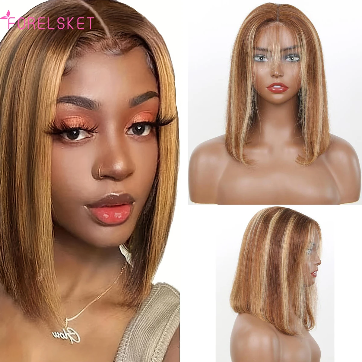 

Glueless Wear To Go Highlight Straight Short Bob Wig Transparent 6x4 Lace Frontal Human Hair Wigs For Women P4/27 Lace Human Wig