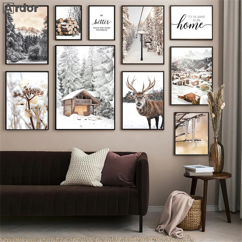 

Winter Scenery Canvas Painting Picture House Snow Forest Wood Poster Elk Animal Wall Art Print Nordic Wall Pictures Home Decor