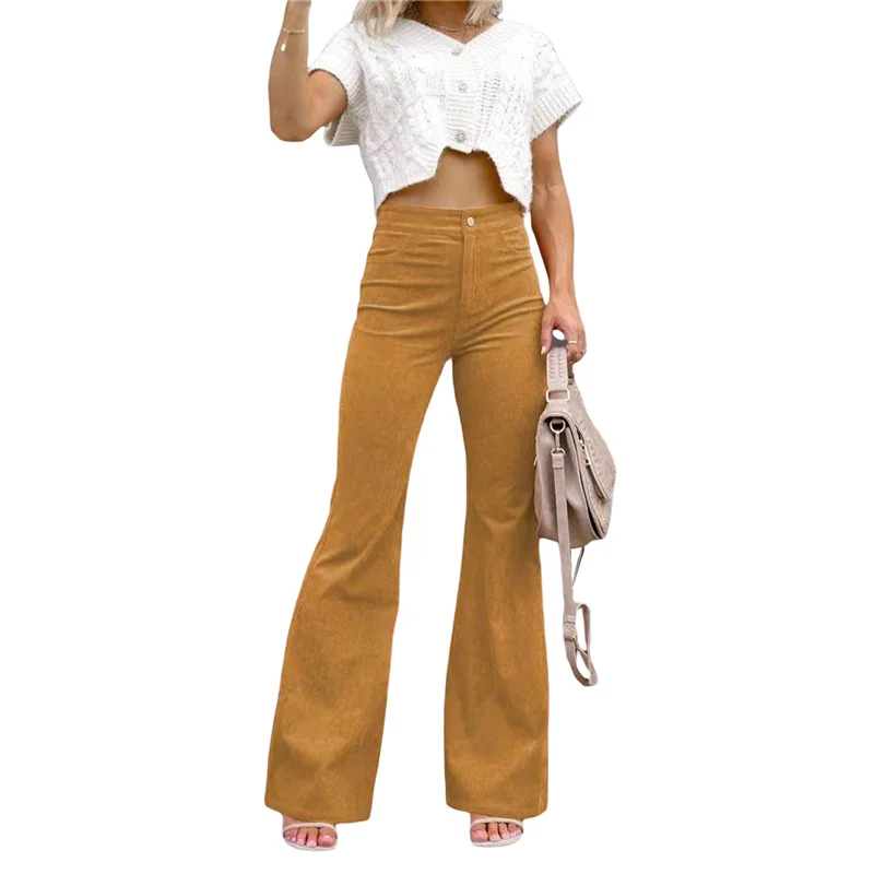 Women's Corduroy Flare Pants High Waisted Vintage Stretch Bell Bottom Pants  Casual Fall Lounge Trousers with Pockets 
