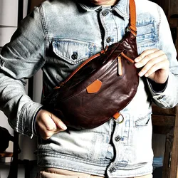 Fashion vintage genuine leather men's chest bag luxury soft natural real cowhide multifunctional waist pack sports crossbody bag