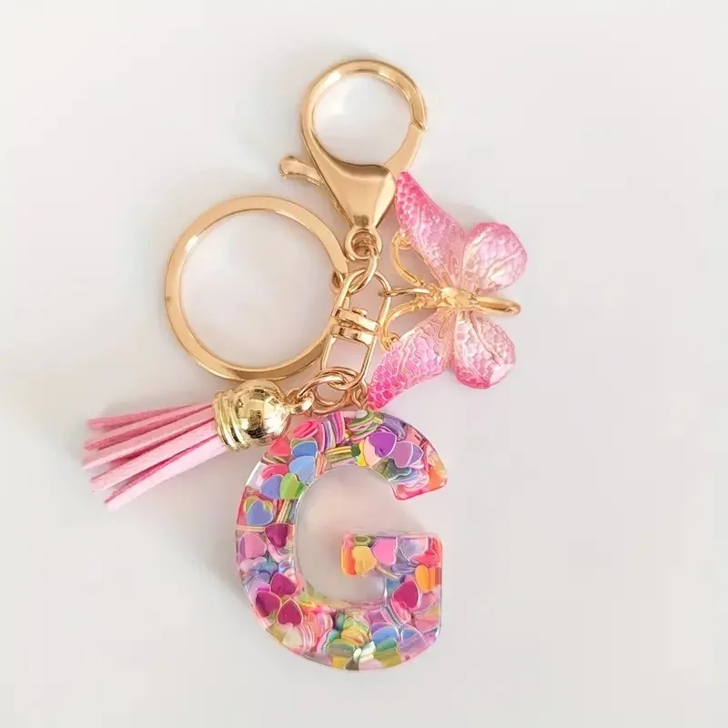26 Letter Keychain Pink Glitter Resin Butterfly Tassel Decoration Car Key DIY Keychain Pendant Keychain Kawaii Lanyard  Love 3