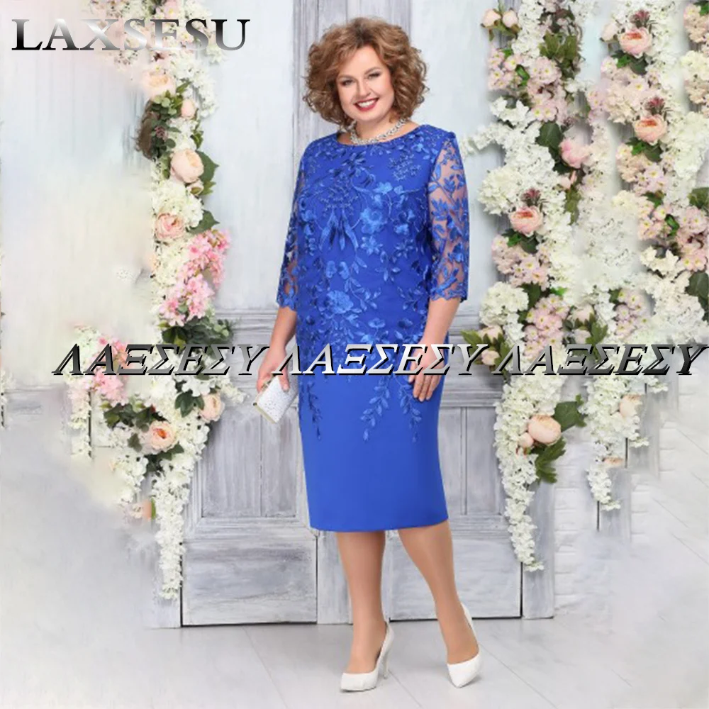 Mother Bride Dresses Furtanseo Pink Tea Length Appliques 4/3 Sleeves Sheer Neck Satin Plus Size